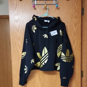 Adidas Black Hoodie crop with Gold Leaf Design womens xl number 5394